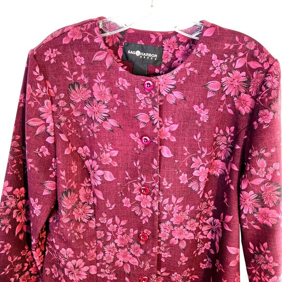 Sag Harbor Women's Blazer 12 Burgundy Floral Misses Size Large L Coat Jacket - Picture 2 of 6